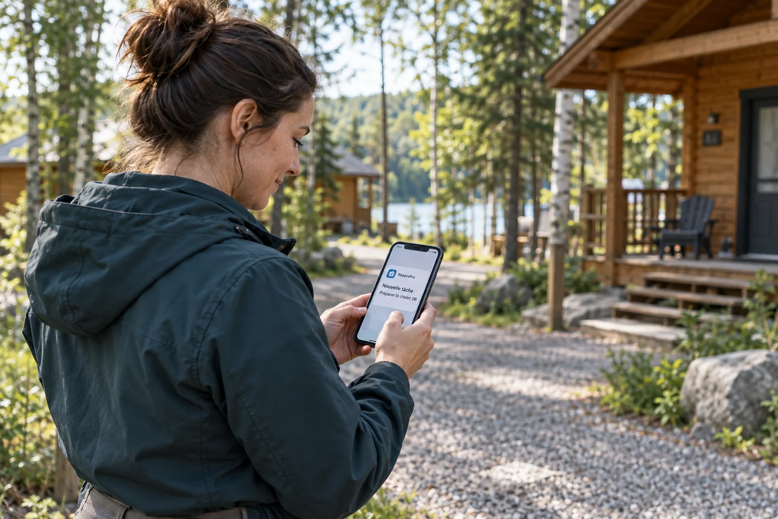 Une employée consulte une notification de tâche RéservPro sur son cellulaire, près d’un chalet.